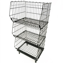 easy moving 3tiers stacking metal wire storage basket with 4wheels